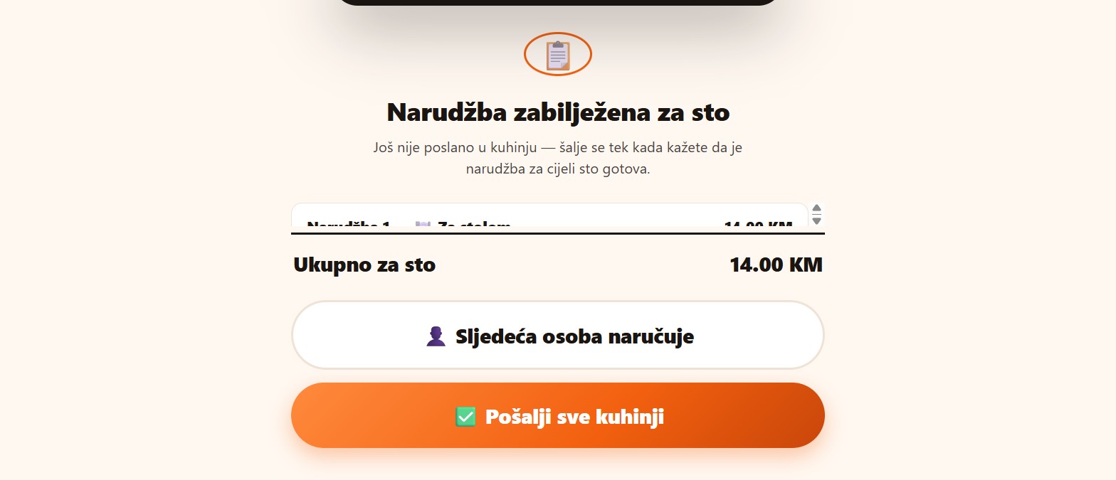 Narudžba zabilježena za sto